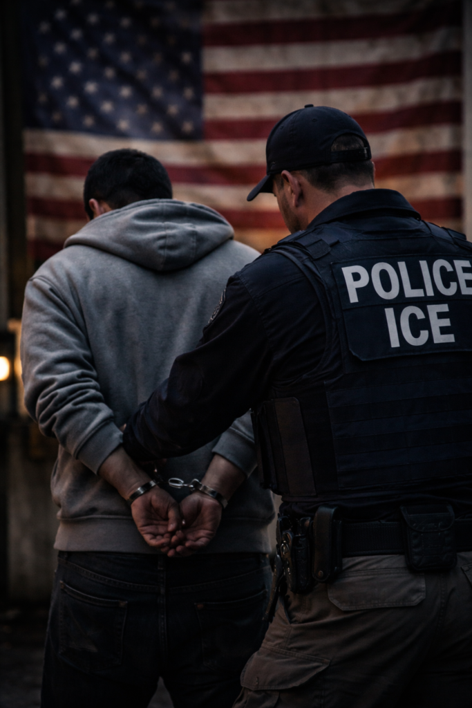 Sous le drapeau, l’exclusion : la politique migratoire américaine en action.